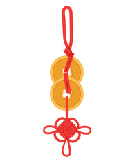 Chinese asian tradition luck knot with golden coins vector illustration isolated on white background