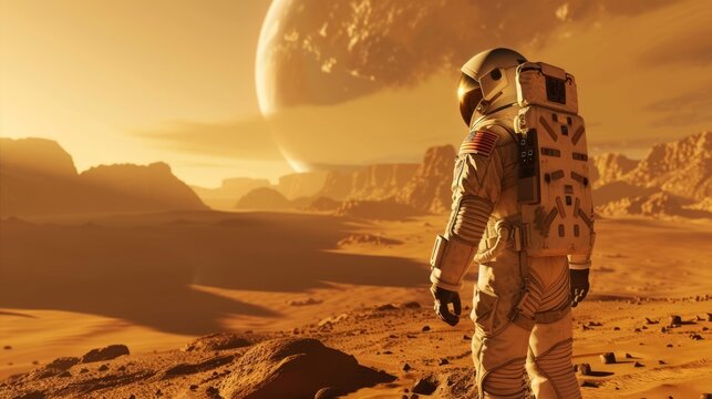 Astronaut in a space suit stands on a desert-like surface with a large celestial body looming in the sky symbolizing space exploration on Mars