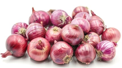 Fresh pile red onions spice vegetable on white background. AI generated image