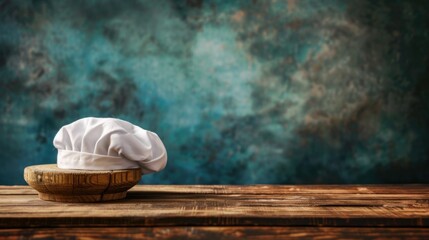 Chef hat white color on the rustic wooden table. AI generated image