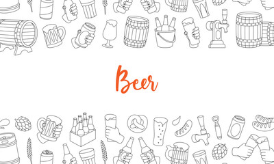 Beer outline banner. Old wooden barrels, cans, glasses, mugs. Brewing process, brewery factory production. Vector illustration.