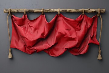 A red cloth hanging from a wooden frame with tassels, AI