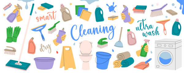 Set of cleaning tools. Toilet bowl, floor mop, bucket, plunger, scoop, sponges, washcloths, brushes, cleaners, towels. Housekeeping service equipment.