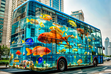 Double decker bus covered in fish on the side of the road in front of tall building.
