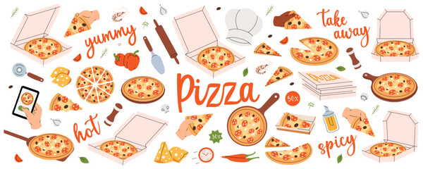 Pizza set. Traditional italian fast food. Restaurant cafe menu. Whole and pieces italian pizza. Vector illustration. - 790359448