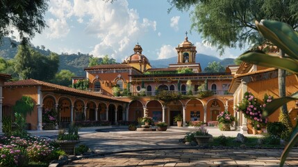 A sprawling hacienda nestled within the embrace of a sun-drenched valley, its terracotta walls adorned with intricate murals depicting scenes of local life. As the day draws to a close,  - obrazy, fototapety, plakaty