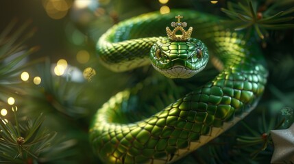 Obraz premium 3D green shiny snake with a crown on its head against the background of a New Year tree.