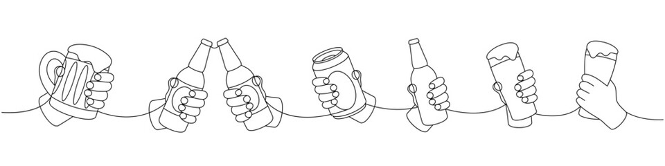 Hands with beer bottles, glass, mugs one line continuous drawing. Beer pub products continuous one line illustration. Vector linear illustration. - 790359857