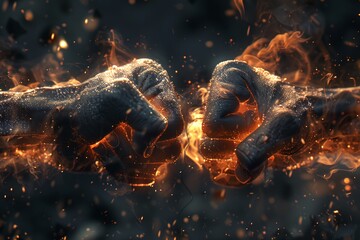 Naklejka premium Two fists covered flames, conflict and fight allegory
