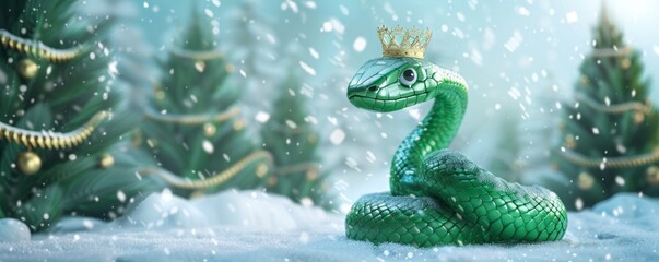 Fototapeta premium 3D green shiny snake with a crown on its head against the background of a New Year tree.