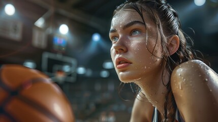 Portrait of young basketball player, focused expression on her face.