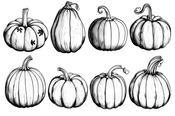 Set pumpkins outline, ink sketches on white background