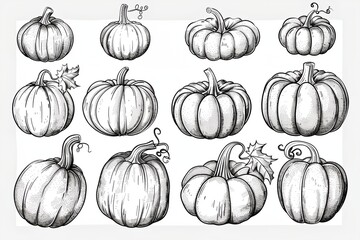 Set pumpkins outline, ink sketches on white background