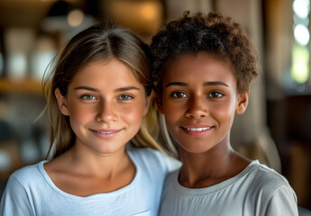 Two young girls standing next to each other with smile on their faces.