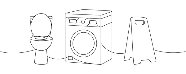 Cleaning service tools one line continuous drawing. Toilet bowl, washing machine, accident prevention sign continuous one line illustration.