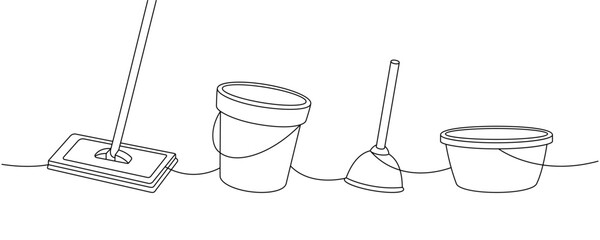 Housekeeping set one line continuous drawing. Floor mop, bucket, toilet plunger, plastic basin continuous one line illustration. Vector illustration.