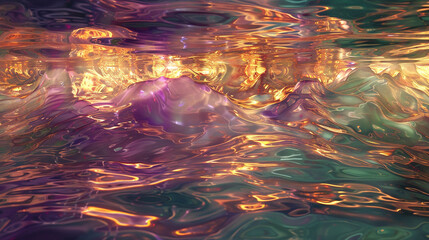 An abstract ocean of deep plum and soft lime, with golden ripples reflecting a hidden treasure. 