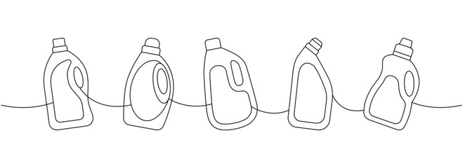 Antibacterial toilet cleaners one line continuous drawing. Cleaning service tools continuous one line illustration. Vector linear illustration.