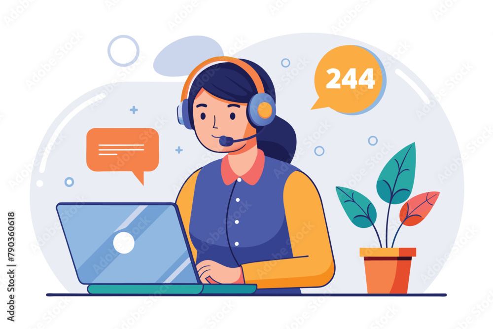 Poster customer service hotline operator consulting with customer while using laptop, customer service, hot