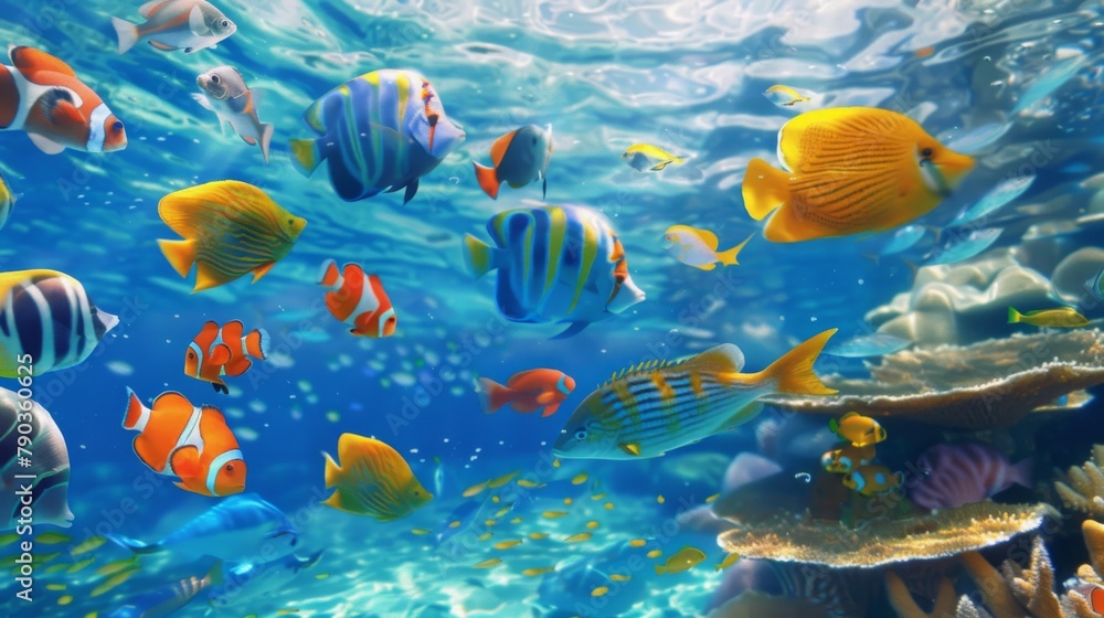 Wall mural Oceanic abundance: A school of colorful fish swim gracefully through the crystal-clear waters of the vast ocean, a mesmerizing sight to behold.