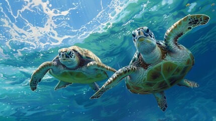 Oceanic ballet: Graceful sea turtles glide gracefully through the ocean depths, their movements...