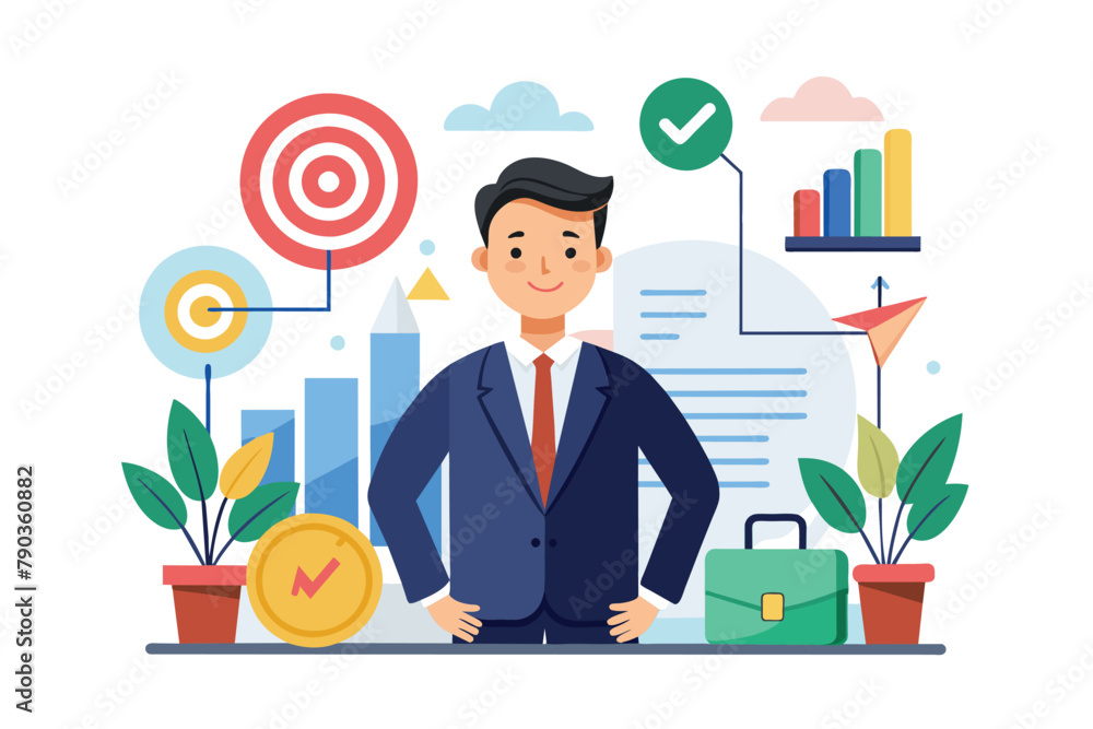 Poster a man in a suit standing in front of a desk with data and targets, a businessman with data and targe