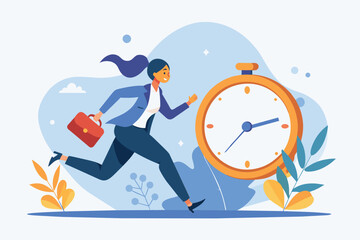 Woman Running Past an Alarm Clock, A business woman is chasing time for company deadlines, Simple and minimalist flat Vector Illustration