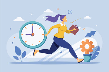 Woman Running With Clock and Folder, A business woman is chasing time for company deadlines, Simple and minimalist flat Vector Illustration
