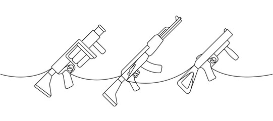 Various modern weapons one line continuous drawing. Grenade launcher, assault rifle AK 47 continuous one line illustration. Vector linear illustration - 790360877