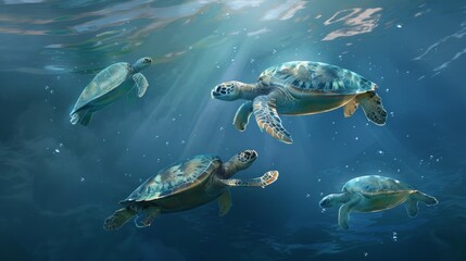 Obraz premium Oceanic ballet: Graceful sea turtles glide gracefully through the ocean depths, their movements reminiscent of an underwater ballet.