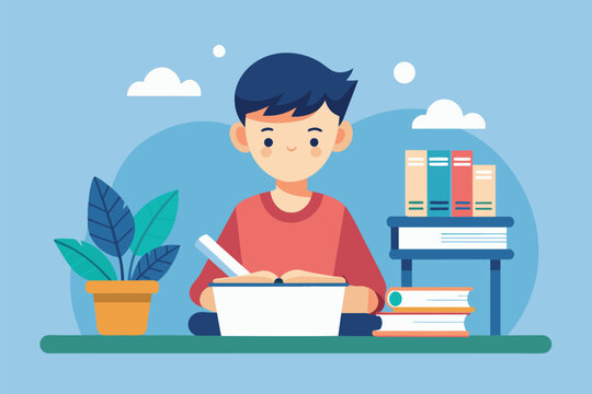 Young boy seated at a table, eating from a bowl of food, a boy is studying, Simple and minimalist flat Vector Illustration