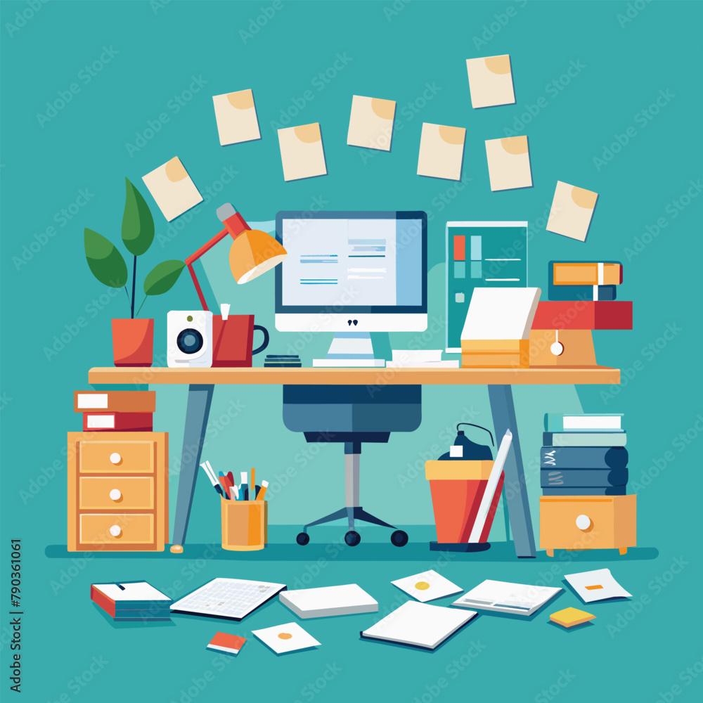 Poster a desk cluttered with a desktop computer, books, and papers, a cluttered workspace with a desktop co