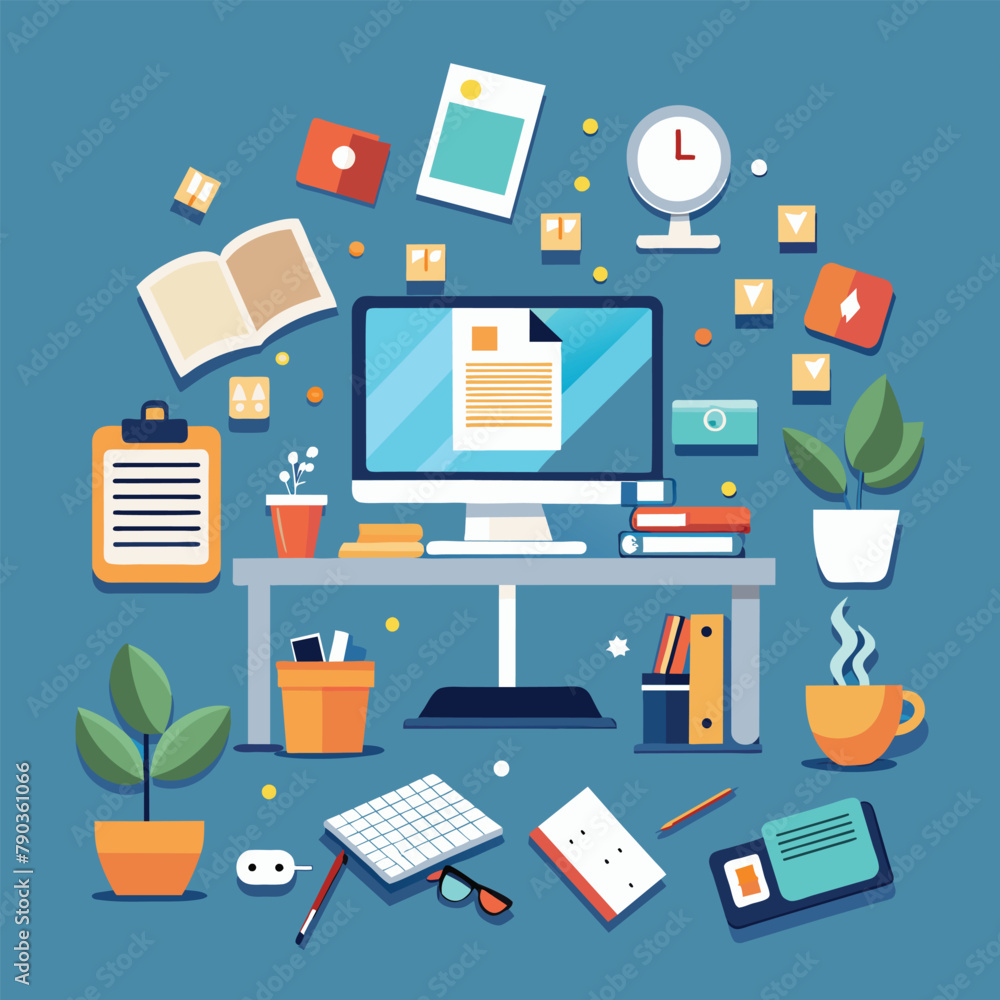 Poster a desktop computer resting on top of a cluttered desk in a workspace, a cluttered workspace with a d