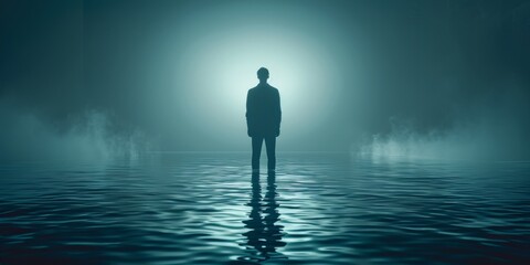 A man standing in a body of water with fog and light, AI