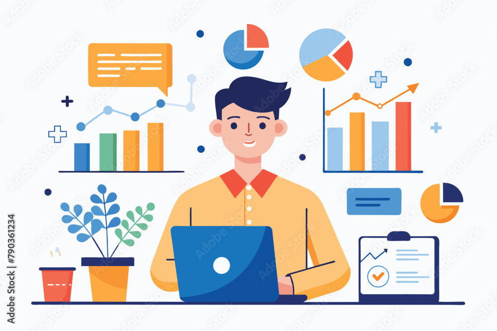 Poster a man seated in front of a laptop, focused on data analysis, a data analysis expert, simple and mini