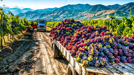 Two men standing on the back of truck loaded with grapes and grapes. - obrazy, fototapety, plakaty