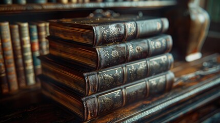 A stack of leather-bound journals displayed on a mahogany bookshelf, their crisp pages and embossed...