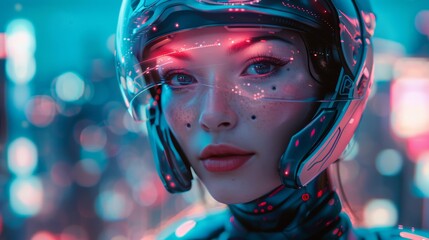 A woman wearing a helmet and goggles with glowing eyes, AI