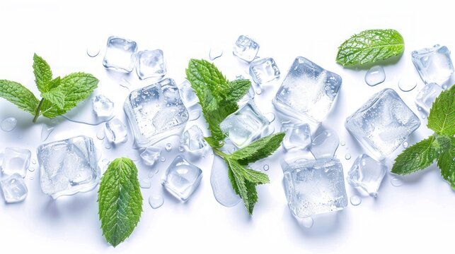 Closeup detail of green mint leaves with ice cubes stack on white background. AI generated image