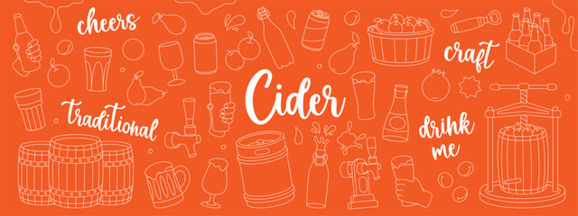 Cider outline set. Wooden barrels, cans, glasses, mugs, metal keg, bottle opener, tap. Hand drawn fruit beer collection. Cider process production.