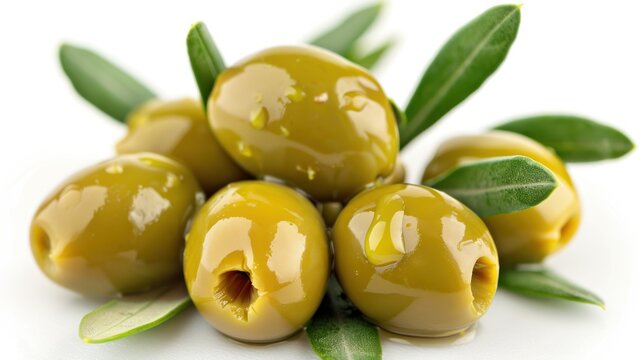 Closeup detailed of fresh green olives with green leaves on white background. AI generated