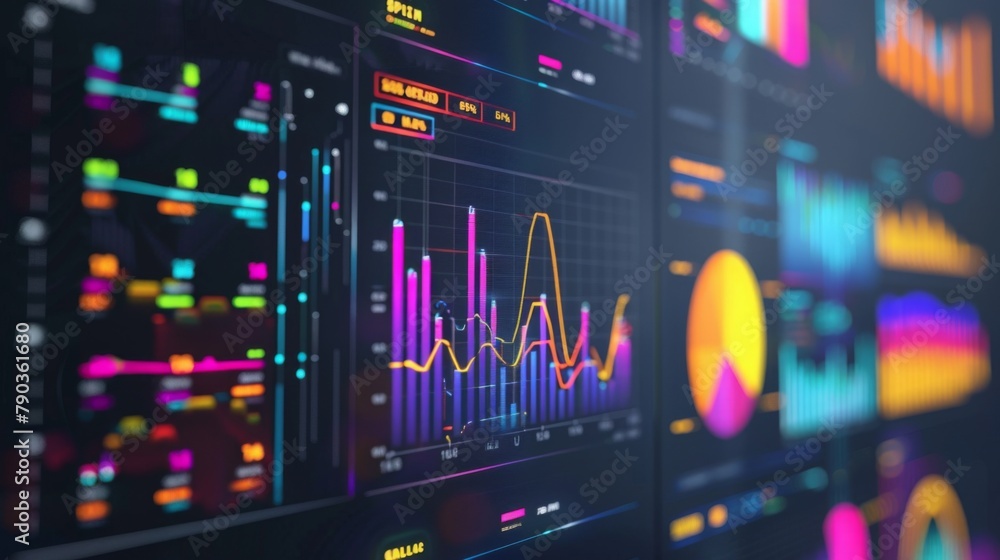 Poster performance metrics: a dashboard displays key performance indicators on colorful graphs, tracking pr