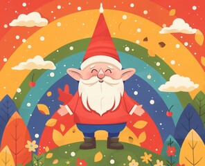 flat illustration cartoon gnome on rainbow background.