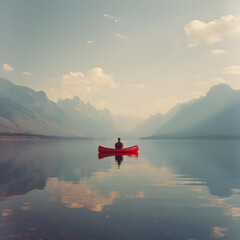 Man in red canoe on lake with mountain backdrop, surrounded by natural beauty