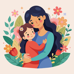 Mother Holding Child in Arms, A heartwarming image of a mother and child embracing with flowers in the background, Simple and minimalist flat Vector Illustration