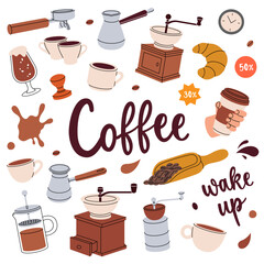 Coffee set. Cafe menu, coffee shop. Beans, drinks, cups, pot, package, grinder, filter, machine, portafilter, kettle. - 790361695