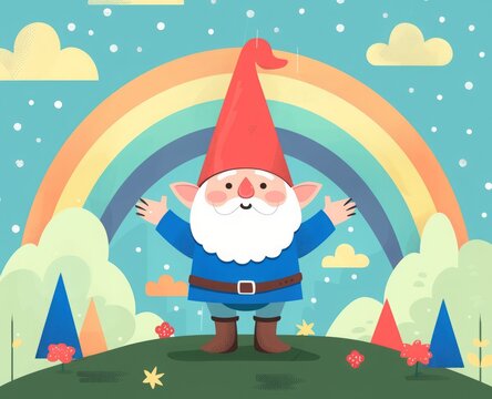flat illustration cartoon gnome on rainbow background.
