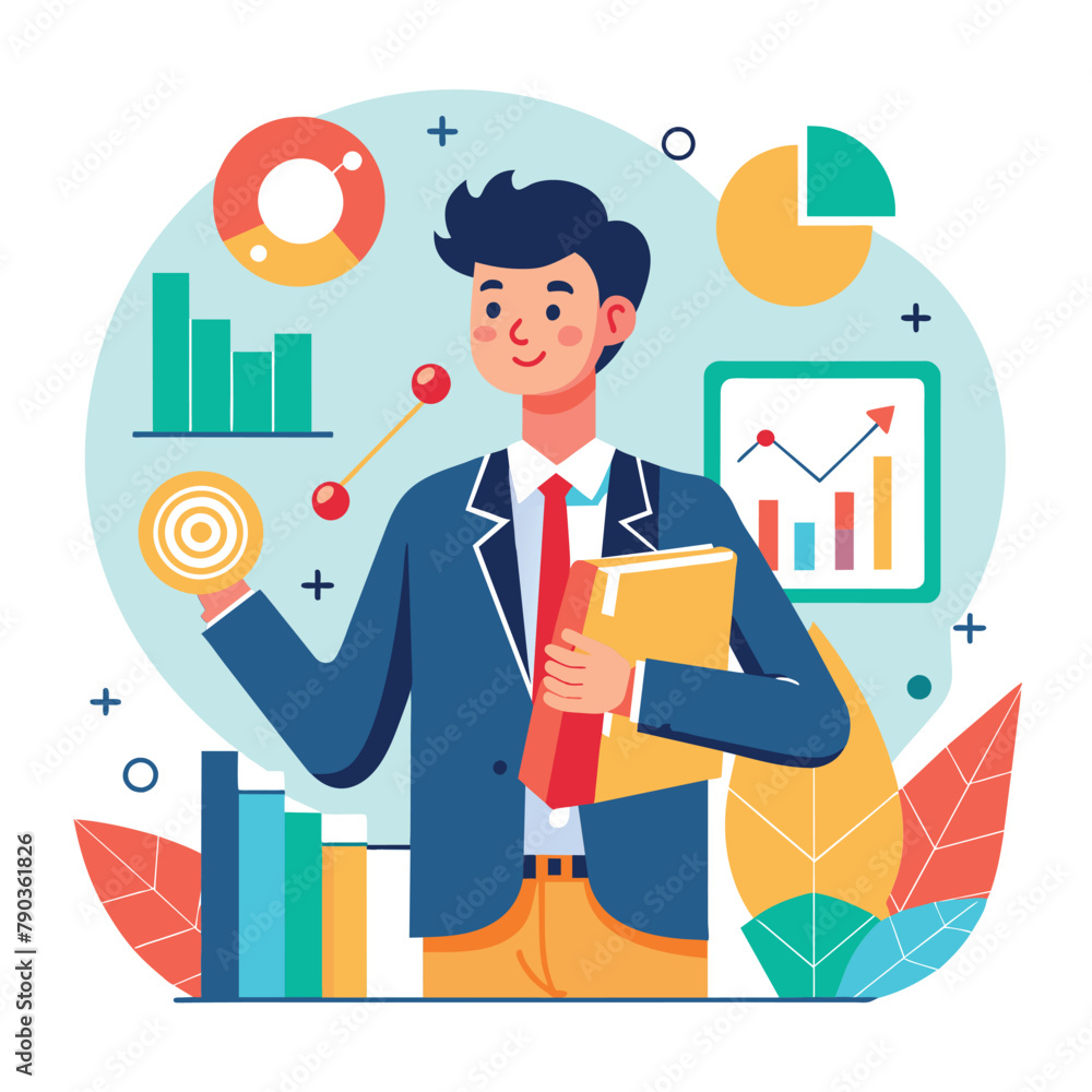 Poster a man wearing a suit is holding a folder, a leader with success and chart analysis, simple and minim