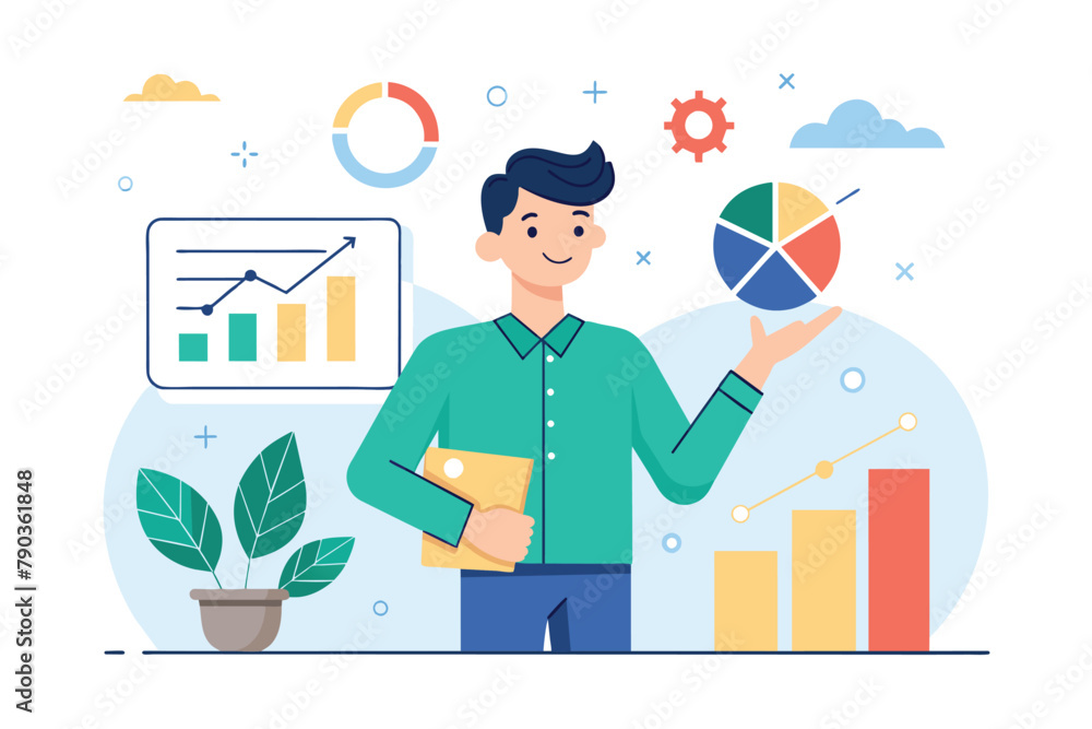 Poster a man standing while holding a folder and a pie chart, analyzing data with a focused expression, a l