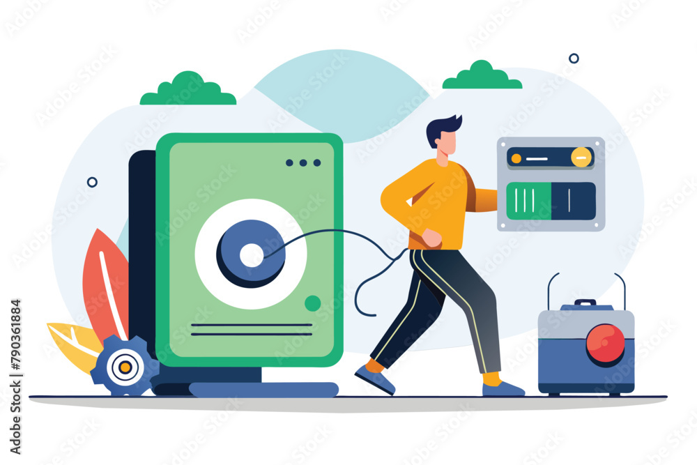 Poster a man is seen connecting a computer with a cord, a man backup data to a drive, simple and minimalist